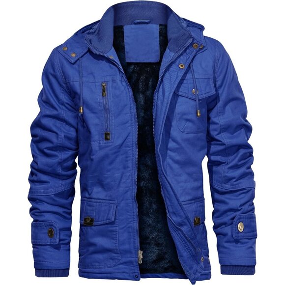 Mens Royal Blue Thick Winter Jacket Hooded Fleece Lined Cotton Military Coat - Picture 1 of 6